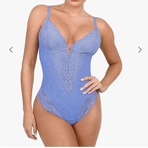 Popilush Light Blue Lace Deep V Thong Bodysuit